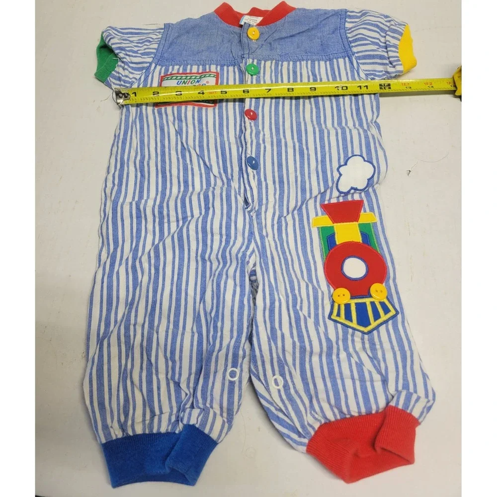 Vintage Union Express Train Romper 6-9 Months Blue White Striped Cotton Baby‎